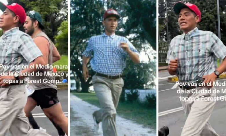 Hombre disfrazado de Forrest Gump corre un maratón